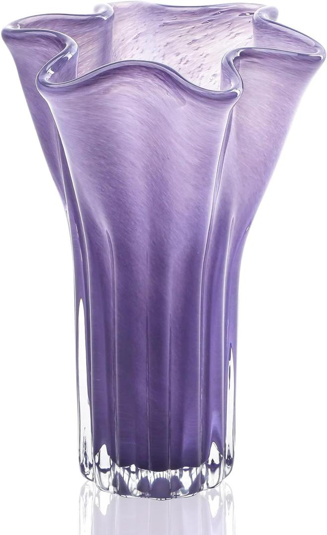 8'' Blown Glass Flower Vase for Home Wedding Modern Centerpieces Decorative (Purple)