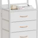 Furnulem White Nightstand with 3 Drawers and 2-Tier Shelf, Small Night Stand End Table Side Furniture, Fabric Storage Organizer for Bedroom, Closet, Hallway, Nursery, Sturdy Steel Frame, Wood Top