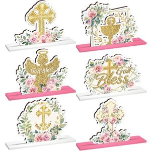 Suzile 6 Pcs First Communion Wooden Decorations Baptism God Bless Centerpiece Floral Baptism Decor for Christening Baby Shower First Communion Religious Birthday Party Supplies(Gold, Pink)