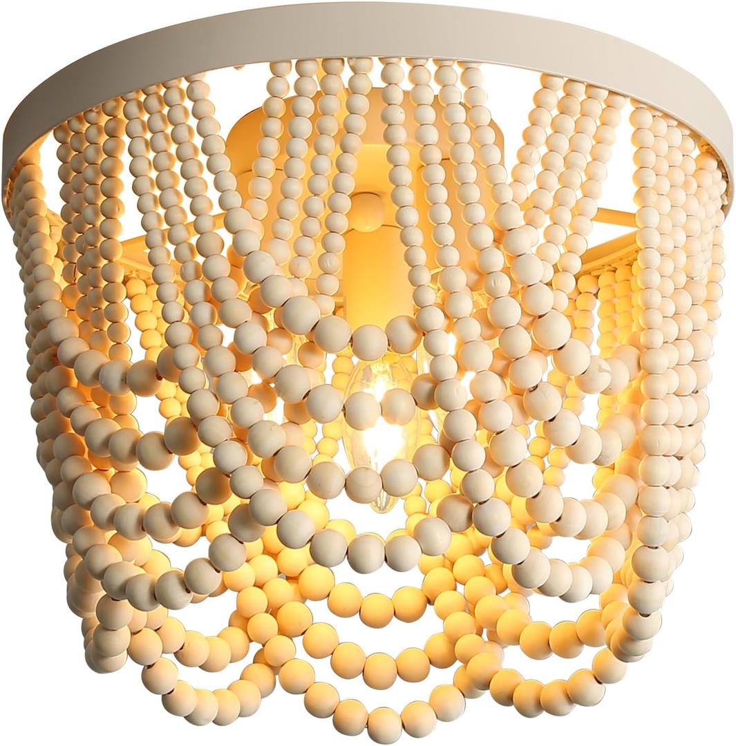 Bohemian Wood Beaded lamp 3-Light recessed Mounted Ceiling lamp Primary Color Antique Rustic mini Chandelier for Dining Room, Bedroom, Girl RoomNursery, Hallway, Entrance, Passageway (Natural)