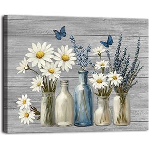 Daisy Flower Canvas Wall Art Navy Blue White Bathroom Decor Daisy Lavender Butterfly Prints Floral Picture Rustic Farmhouse Framed Artwork 16x20inch