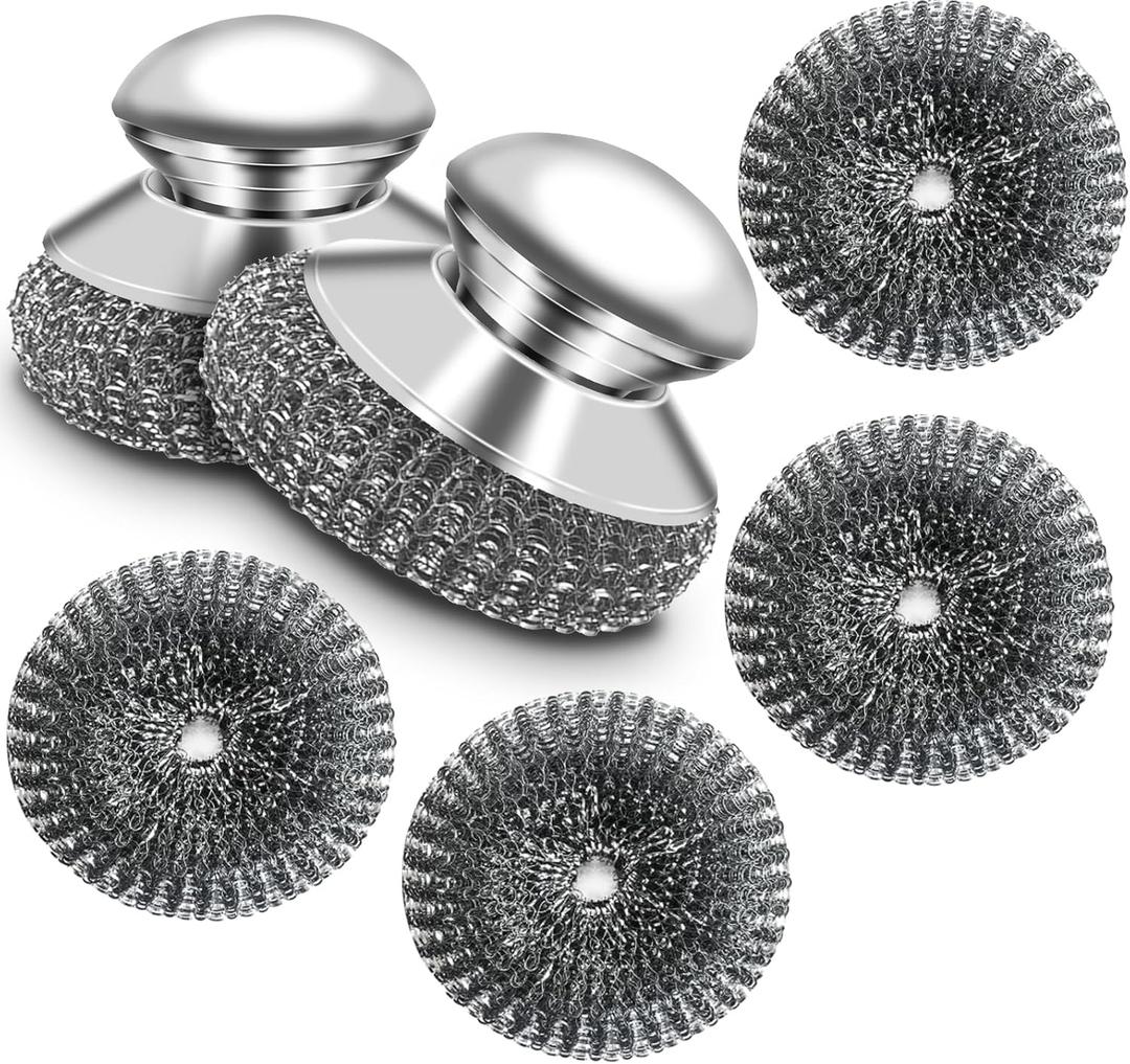 Stainless Steel Scrubber with Handle, Heavy Duty Steel Wool Scrubbers for Pots and Pans, Cast Iron, Steel Wool Scouring Pads for Stove, Oven, Grill, Kitchen, Sink Cleaning