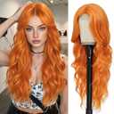 Long Orange Wavy Wig for Women 26 Inch Curly Wavy Wig Natural Looking Synthetic Heat Resistant Fiber Wig for Daily Party Use