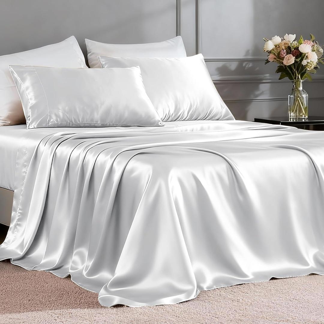 FreshCulture Satin Sheets Twin XL Bed Set - 3 Piece Luxury Soft Silky Bed Sheets, Similar to Silk Sheet Set with 1 Deep Pocket Fitted Sheet, 1 Flat Sheet & 1 Pillowcase (Silver Grey)