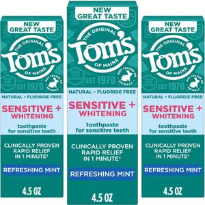 Toms of Maine Sensitive Plus Whitening Fluoride Free Toothpaste, 4.5 Oz, 3 Pack, Rapid Relief Sensitive Toothpaste, Enamel Safe, Builds an Arginine and Calcium Shield Around Teeth, Mint