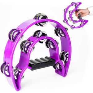 Tambourine Double Row Metal Jingles Half Moon Musical Instruments Tamborines Musical Instrument for Adult Hand Held Percussion for Party, Church (Purple)