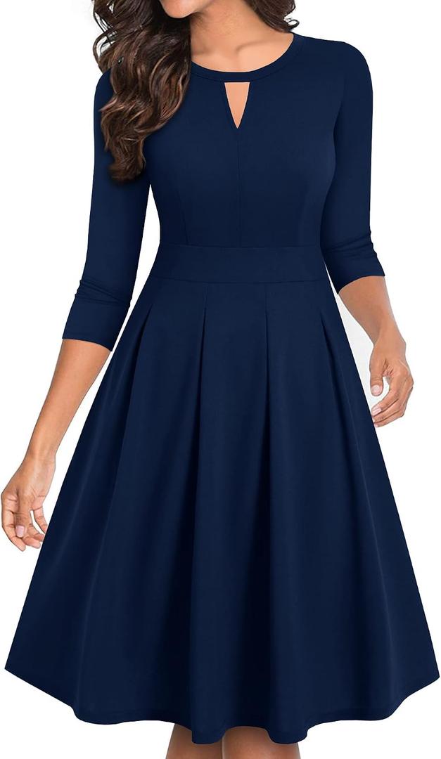 YATHON Women's Vintage Floral Flared A-Line Swing Casual Party Dresses with Pockets (Blue, L)