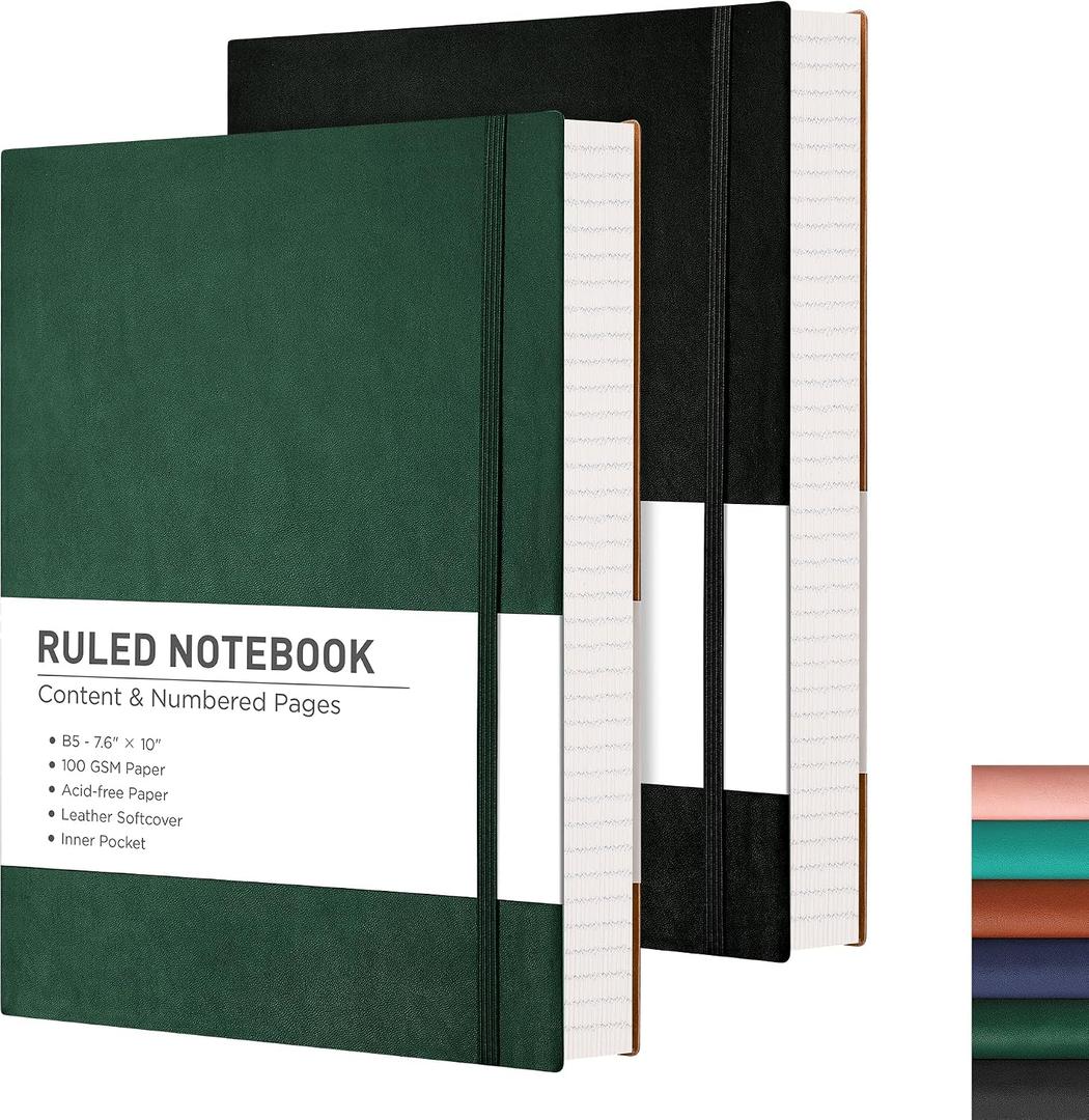 RETTACY Lined Journal Notebook, 2-Pack, 204 Numbered Pages per Pack, B5 Medium 7.6" 10", Leather Softcover, 100 GSM Thick Paper, for Writing, Work, School (Black & Dark Green)