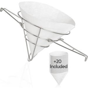 Cleaner Oil, Better Filtration  Stainless Steel Cone Filter Holder with 20 Paper Filters | 10-Inch Cone Filters for Longer-Lasting Frying Oil & Maple Syrup
