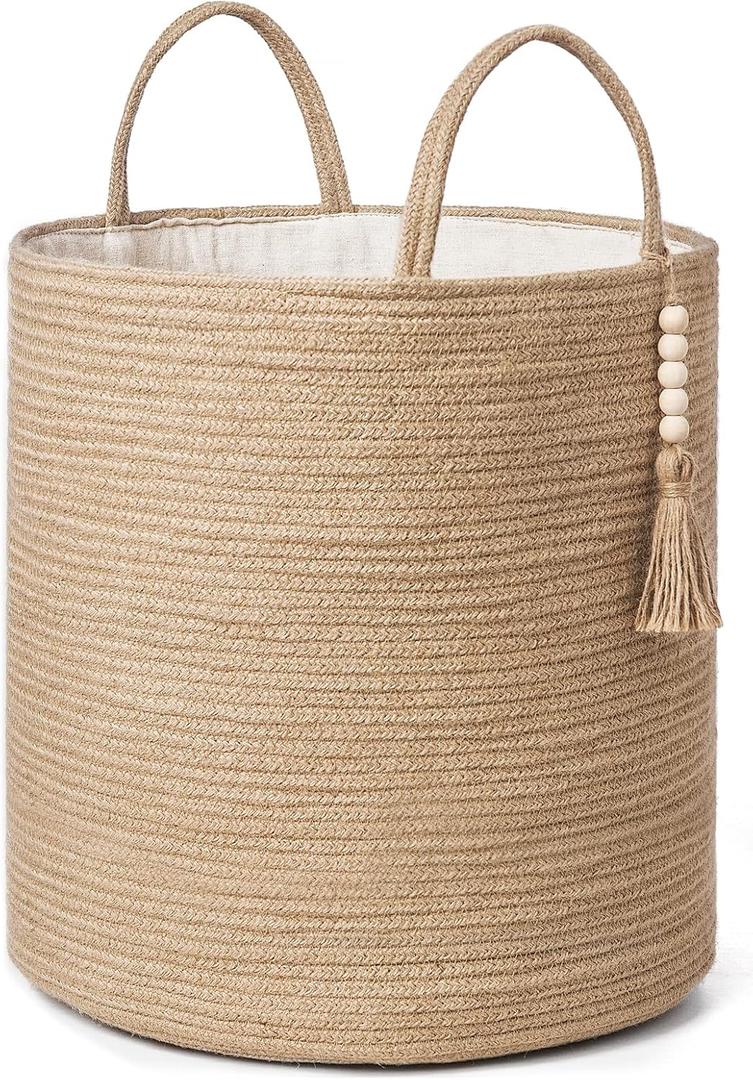 Mkono Tall Wicker Laundry Basket Woven Storage Basket Decorative Natural Rope Basket Wooden Bead Decoration for Blankets,Toys,Clothes,Shoes,Plant Organizer Bin with Handles Living Room 15"Wx17.7"L (Brown)