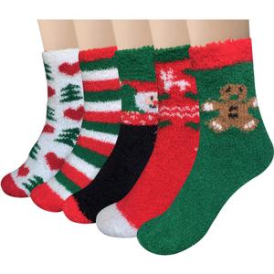 Loritta 5 Pairs Womens Fuzzy Socks Winter Warm Cozy Fluffy Super Soft Slipper Socks (D2-colorful Christmas)