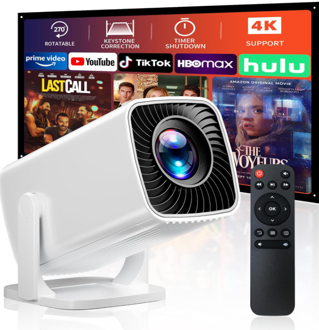 Mini Projector, Portable Projector 4K & Full HD 1080P Support, 270° Rotation Outdoor Projector, Movie Projector Compatible with Smartphone, TV Stick, Laptop, PS4, HDMI, USB (No WiFi or Bluetooth)