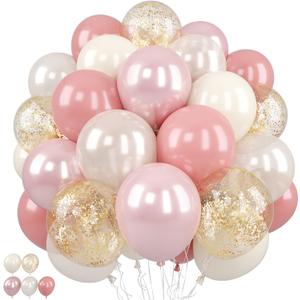 Pink and Gold Balloons, 50Pcs 12 Inch Retro Blush Pink Cream White Double Stuffed-pink Metallic Gold Confetti Boho Ballon for Birthday Bridal Shower Wedding Party Decorations