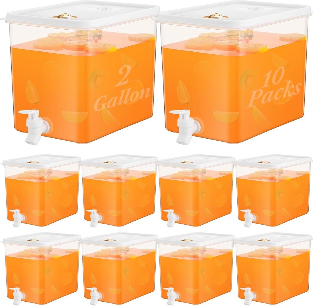 Domensi 10 Pack 2 Gallon Drink Dispenser for Fridge with Spigot Water Dispenser Leak Proof Lids Filter Screen Beverage Juice Container Sealed Plastic Lemonade Milk Cold Hot Drink Tea Jug for Party