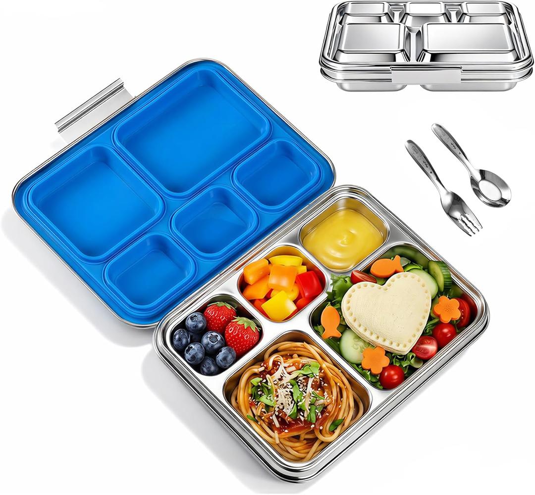Stainless Steel Bento Lunch Box 7+Order KidsTeens and Adults, Leak-Proof, BPA-Free, 5 Compartments, Eco-Friendly, Durable Lunch Box for School, Office, Fitness, Travel, and Meal PrepBlue)
