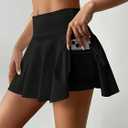 Women's High-Waisted Tummy Control Skort - Flowy Ruffled Skirt with Built-in Shorts (Black) S