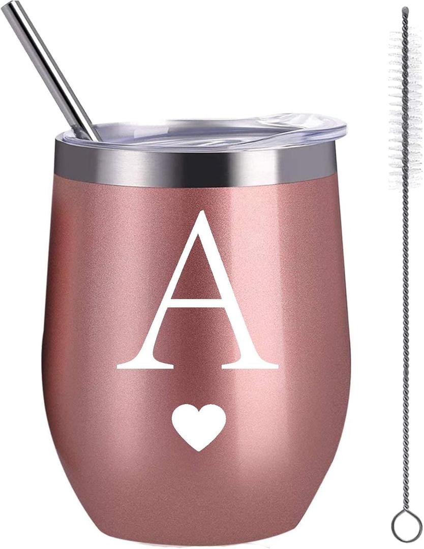 Personalized Initial Gifts 12 Ounces Stainless Steel Tumbler with Straw Brush Rose Gold Insulted Mug Wedding Bridesmaid Birthday Graduation Gift for Men Women Monogrammed Gift (A)