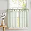 jinchan Tie Top Linen Kitchen Curtains 36 Inches Striped Tier Curtains Farmhouse Modern Cafe Style Small Window Treatments Airy Light Filtering Rod Pocket for Living Room Bathroom 2 Panels Sage Green