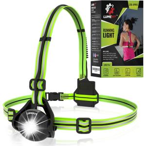 LUMEFIT Running Lights for Runners with Yellow Reflective Vest, Adjustable Beam Night Safety LED Chest Light Run, Dog Walking, and Jogging Gear, Rechargeable Headlamp Flashlight (Green - JR-0901)