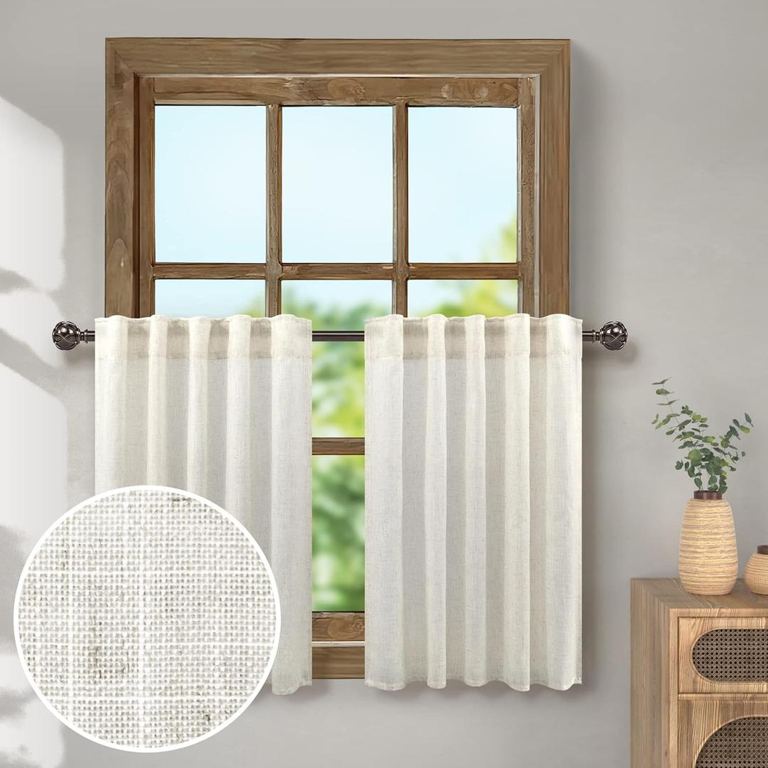 Small Curtains for Windows 30 Inches Long Linen Kitchen Window Curtains Over Sink 2 Panels Back Tab Pocket Classic Vintage Tier Half Curtain for Bathroom Closet Door RV Wide 36 x 30 Length Cream Ivory (Natural)