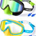 Freela 2 Pack Kids Swim Goggles for 3-12 with Nose Cover, 180 Wide View Anti-Fog UV Swimming Goggles for Toddler Boys Girls
