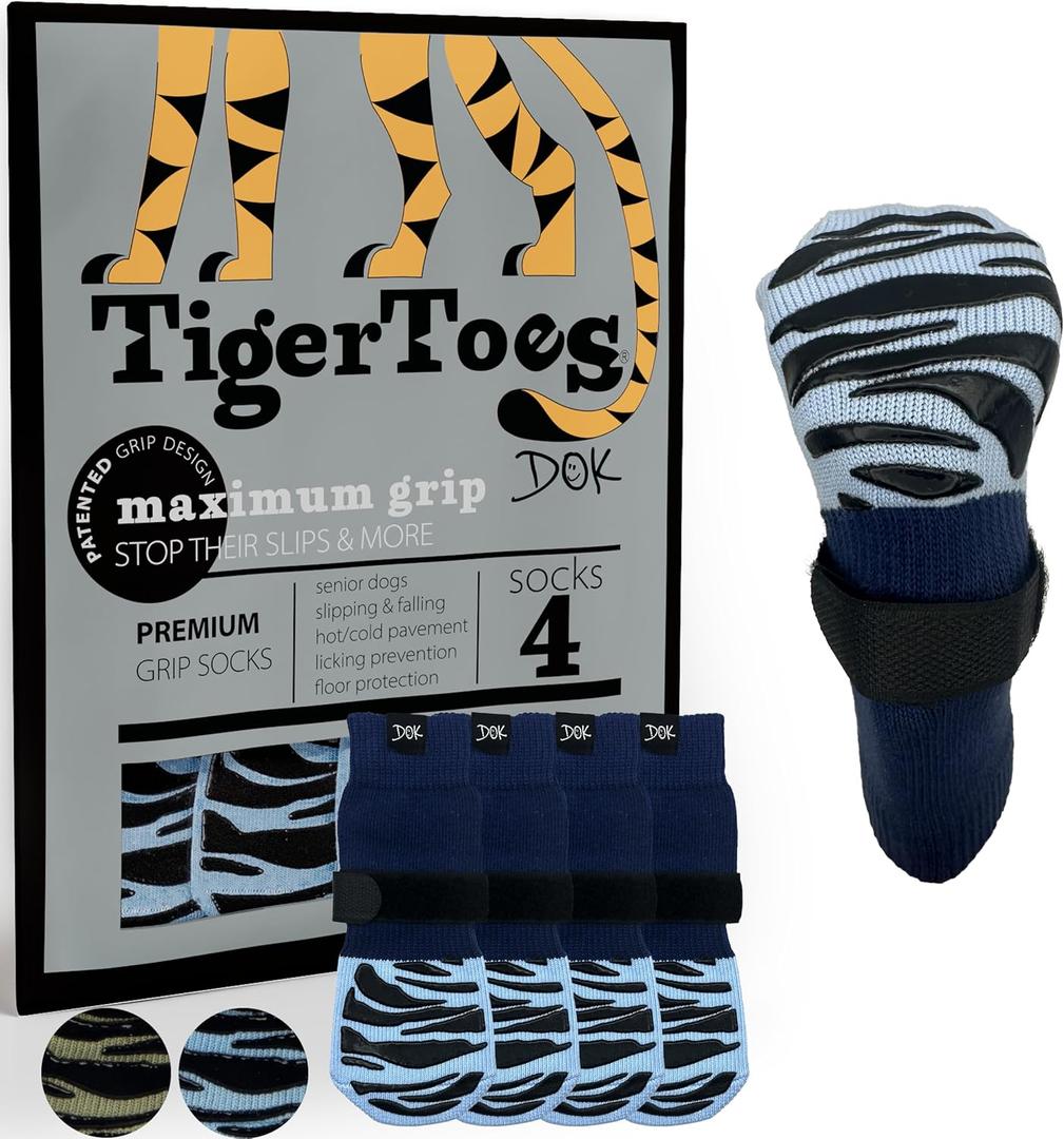 DOK TigerToes Premium Non-Slip Dog Socks for Hardwood Floors - Extra-Thick Grip That Works Even When Twisted - Prevents Licking, Slipping, and Great for Dog Paw Protection (Breezy Blue, X-Large), 4 Socks