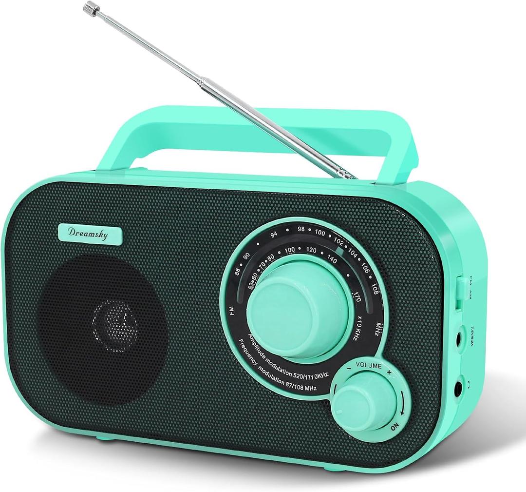 DreamSky AM FM Portable Radio Plug in Wall or Battery Operated for Home & Outdoor, Strong Reception, Large Dial Easy to Use, Transistor Antenna, Headphone Jack, Small Gifts for Seniors Elderly (Green)