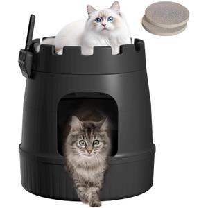 Lifewit Castle Cat Litter Box with Scratching Board & Scoop, Hidden Covered Kitty Litter Box Enclosure with Odor Control & Carbon Filter in Living Room, Bedroom, Corner, Black