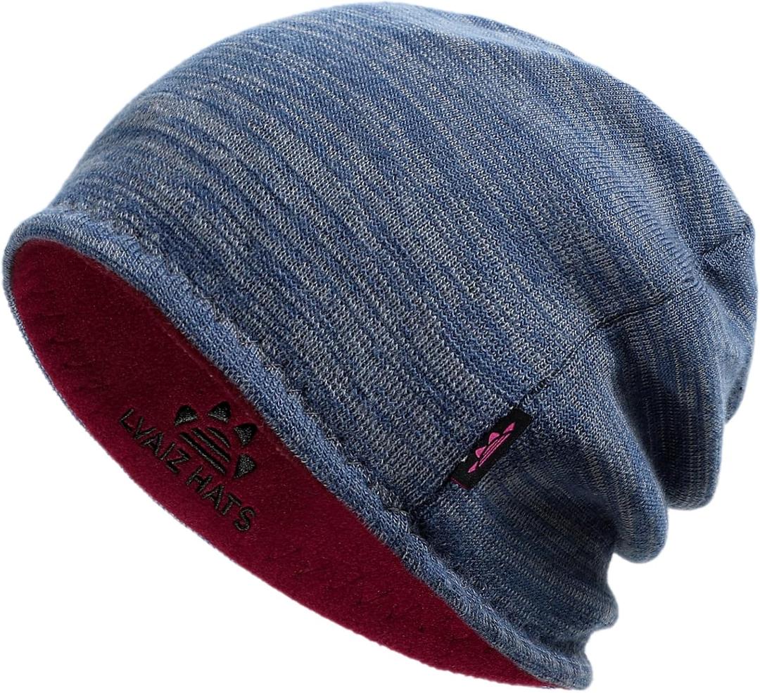 Lvaiz Winter Fleece Lined Knitted Beanie Hats for Men Reversible Windproof Watch Hat Warm Skull Cap for Women (One Size, Blue Grey+wind Red)