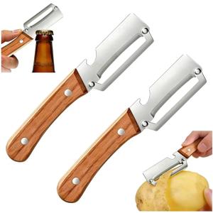 2 x Multifunctional Vegetable Peeler, 2-in-1 Peelers For Kitchen with Bottle Opener, Sharp Stainless Steel Swivel Blade, Wooden Handle, For Vegetables or Fruits that Need to Be Peeled (2)2PCS