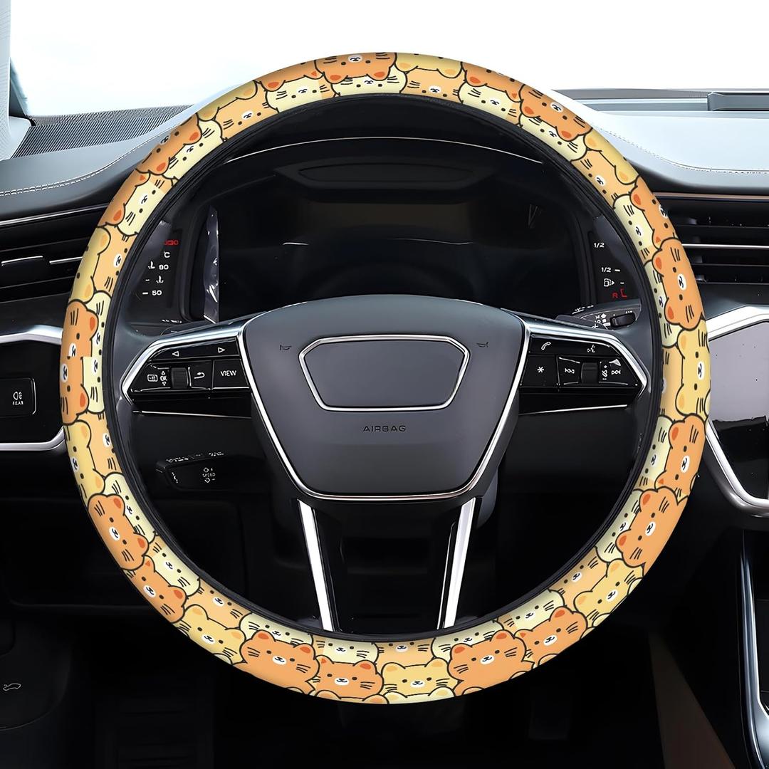 Car Steering Wheel Cover, Anti-Slip Breathable Elastic Neoprene 15 Inch Car Steering Wheel Protector for Women and Men,for Cars, SUVs Cute Yellow Cats