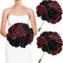 Wedding Bridesmaid Bouquets, Artificial Silk Flowers Arrangement for Ceremony Marriage Proposal Party Anniversary Decorations (Burgundy & Black, Set of 2 Bouquets)