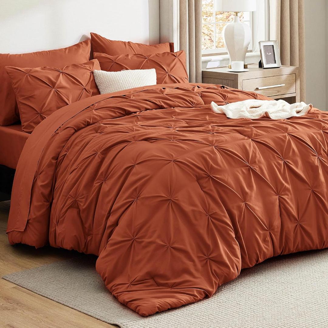 Bedsure King Size Comforter Set Burnt Orange - Bed in a Bag King Size 7 Pieces, GentleSoft Pintuck Bed Set Gift for Family, Pinch Pleat Burnt Orange Comforter with Sheets, Pillowcases & Shams