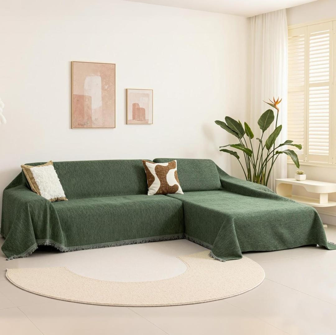 MYSKY HOME Couch Cover for Sectional Sofa, 2 Pieces Couch Covers for L Shaped Couch, Washable Furniture Protector for Pets, Kids, Sofa Slipcover for 3-4 Cushion Couch (71"x118"+91"x134", Moss Green)