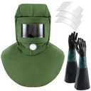 5 Pcs Shawl Cap Sandblasting Mask Set 1 Sand Blasting Hood Cap with 23.6" Blast Gloves and 3 Sandblasting Hood Replacement Lens Glass for Polishing Painting Dusting Grinding Abrasive Cabinet (Green)