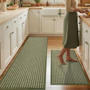 Kitchen Rugs, Non Slip Absorbent Kitchen Mats for Floor-Thick Stain Resistant Washable Kitchen Floor Mat Runner Carpet for Hallways, Entryway, Laundry Room, Sink(17"x29"+17"x59", Green, Roll Package)