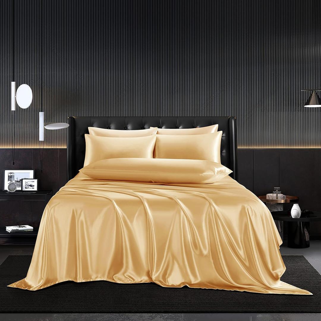 5Pcs Gold Silky Satin Queen Size Bedding Set - Silky Comforter with 1 Satin Flat Sheet, 1 Deep Pocket Fitted Sheet, 3 Pillowcases with Envelope Closure (Yellow)