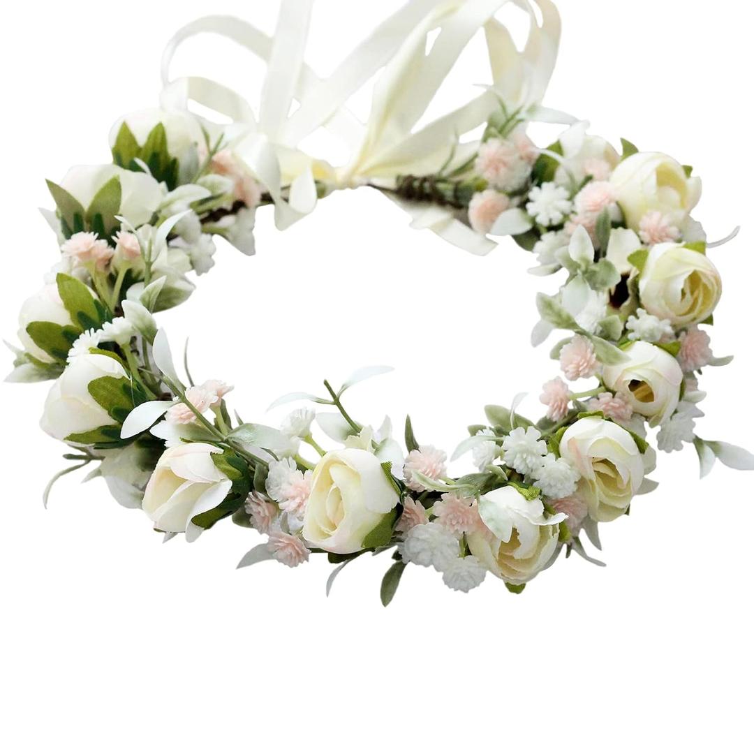 Vivivalue Wedding Floral Crown Rose Flower Headband Hair Wreath Floral Headpiece Halo Boho with Ribbon Party Prom Photos