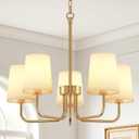 BLNAN Chandeliers for Dining Room, 5-Light Gold Chandelier Light Fixture, E26 Base-Dining Room Light Fixtures Over Table with White Shade, Farmhouse Chandelier for Bedroom Living Room Foyer Entryway, 25-inch