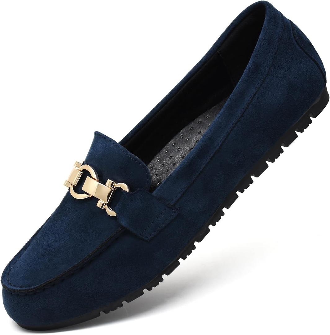 Cvistpieo Loafers for Women Casual Moccasins Women's Comfortable & Lightweight Penny Loafers Slip On Flat Shoes Suede Navy Blue Size 7 Wide Width