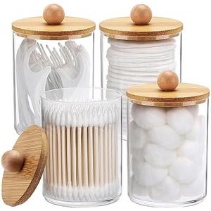 Tbestmax Pack of 4 Qtip Holder, 10-Ounce Bathroom Organizer Accessories Storage Containers Clear Plastic Apothecary Jars with Bamboo Lids for Cotton Ball, Cotton Swab, Floss