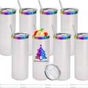 YOUKE OLA 8 Pack Rainbow Plated Stainless Steel Tumbler Straight Double Wall Powder Coated for Laser Engrave, 20oz White To Iridescent