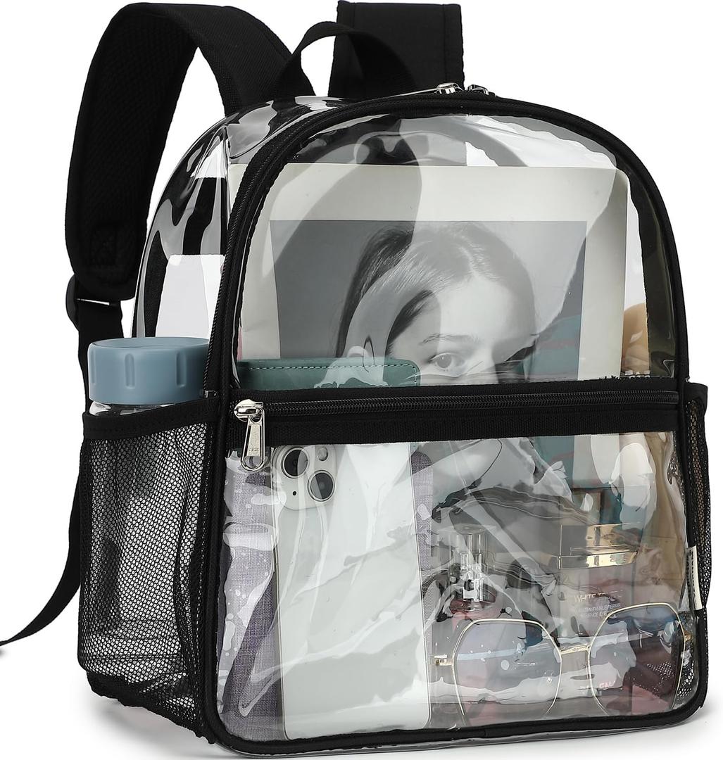 Clear Backpack Stadium Approved 12x6x12 - Kids & Small Adult Transparent Backpack for School, Work, Sports, Concerts - Clear Bag (Black)