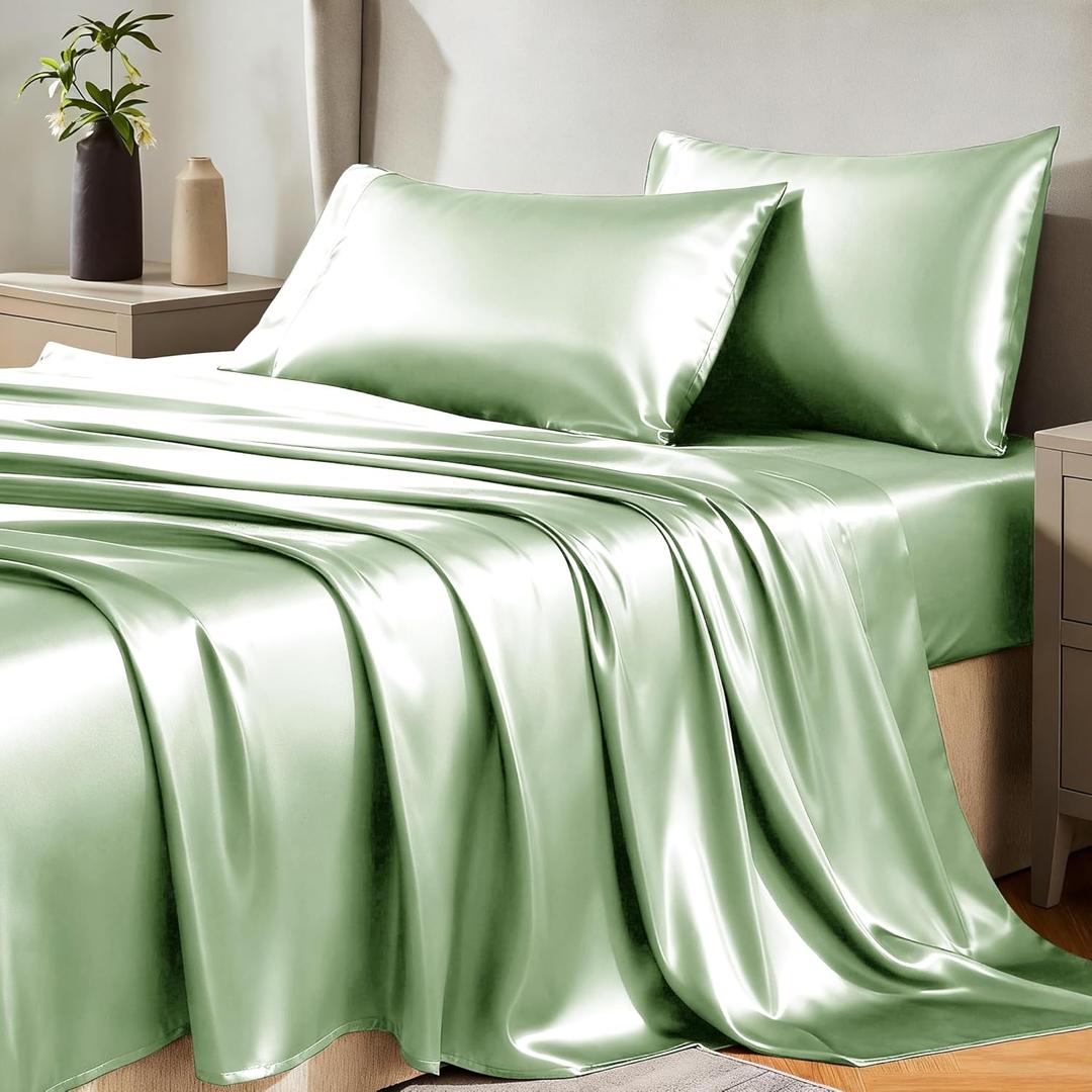 CozyLux Satin Sheets Queen Size Bed Set - 4 Piece Silky Queen Sheet Set, Luxury Sage Green Queen Sheets with Smooth and Soft Microfiber, Includes 1 Fitted Sheet, 1 Flat Sheet and 2 Pillowcases
