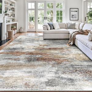 8x10 Area Rugs, Abstract Morden Soft Washable Rug, Non-Slip Low Pile Rugs for Living Room, Bedroom, Dining Room, Home, Office(Grey & Brown)