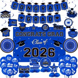 Graduation Decorations 2026 Blue Themed Set, Congrats Grad Banner Class of 2026 Backdrop Balloons and Streamers Kit High School and College Graduation Party Supplies