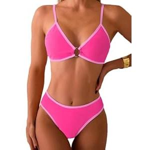 Fanuerg Women's Triangle Bikini Sets Circle Ring Linked Two Piece Swimsuit Color Block Cheeky Bathing Suit Hot Pink S
