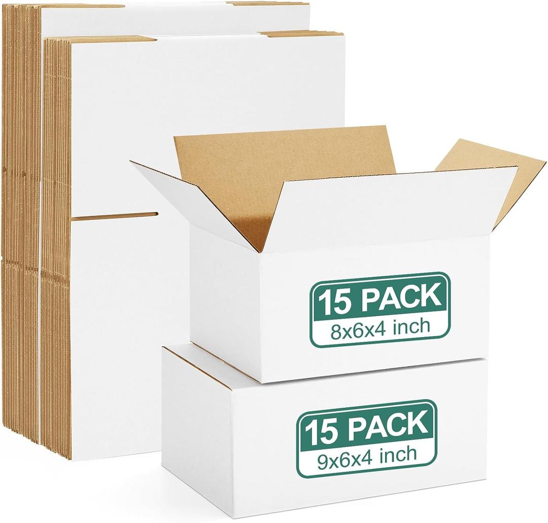 Eupako 30 Pack Small Shipping Boxes Assorted Sizes, 8x6x4 & 9x6x4 15 PCS Each Small Boxes, White Corrugated Box Mailers, Cardboard Boxes for Packaging Small Business, Mailing