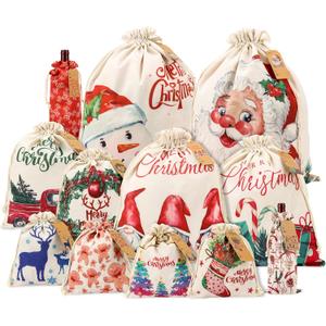 Giiffu 12 Pack Christmas Gift Bags with Drawstrings  Reusable Canvas Holiday Bags in Assorted Sizes  Fabric Santa Sacks with Gift Tags for Wrapping & Storage