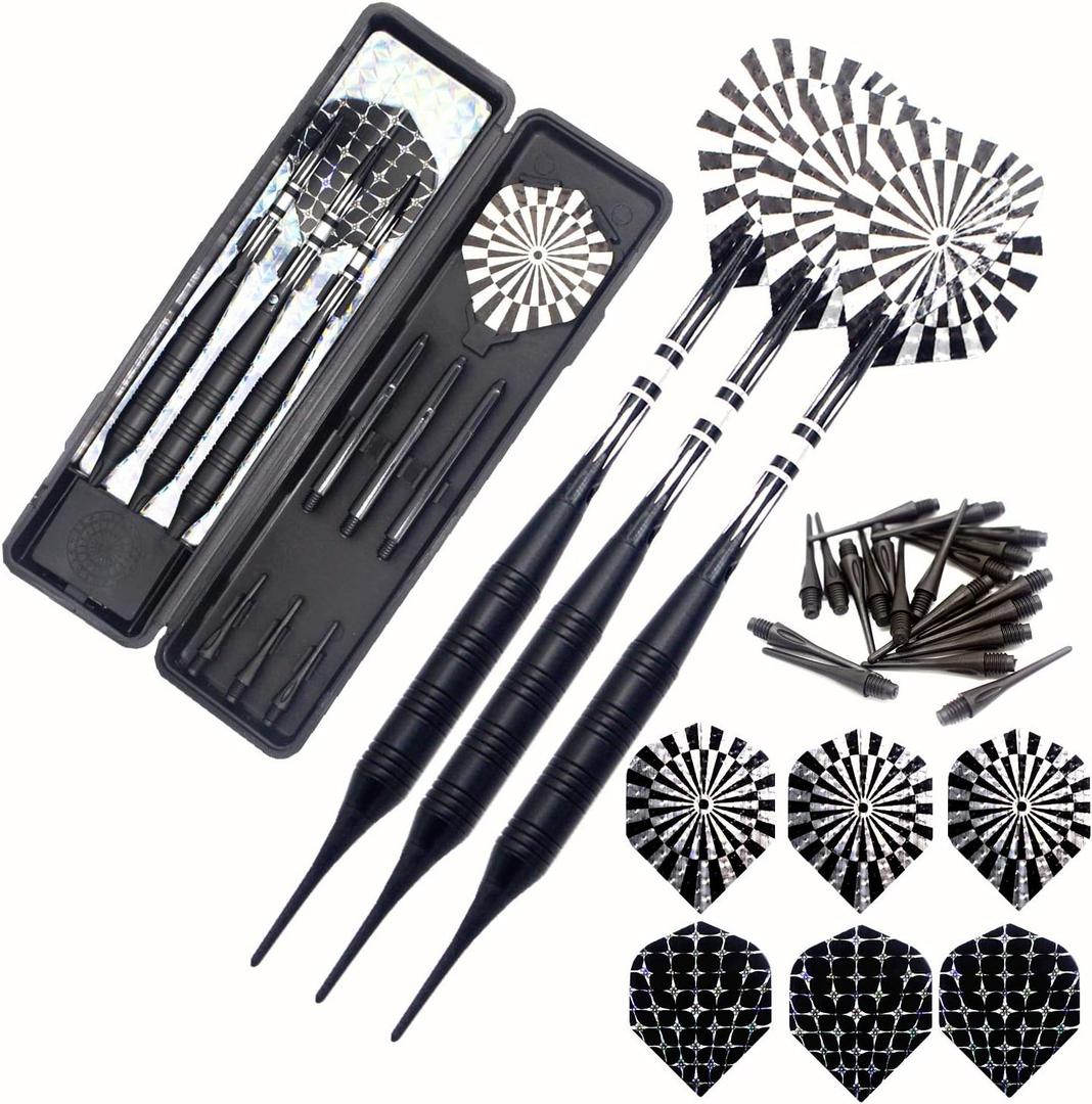 Soft Tip Darts Set for Electronic Dart Board 18/22g Plastic Tip Darts Set with Brass Barrels & Aluminum Shafts, 6 Flights 3 Spare Plastic Dart Shaft 20 Soft Tips Portable Case (22g-Silver & Black)